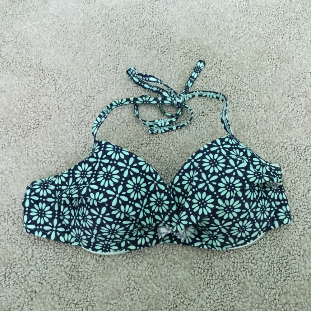 Aerie Blue Geometric Flower Ruffle Halter Tie Padded Bikini Top Size 34C